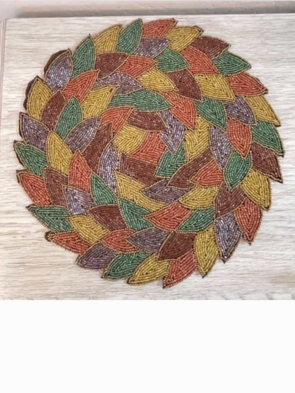 Placemat Fall Multi Colors Beaded Round Leaf Pattern